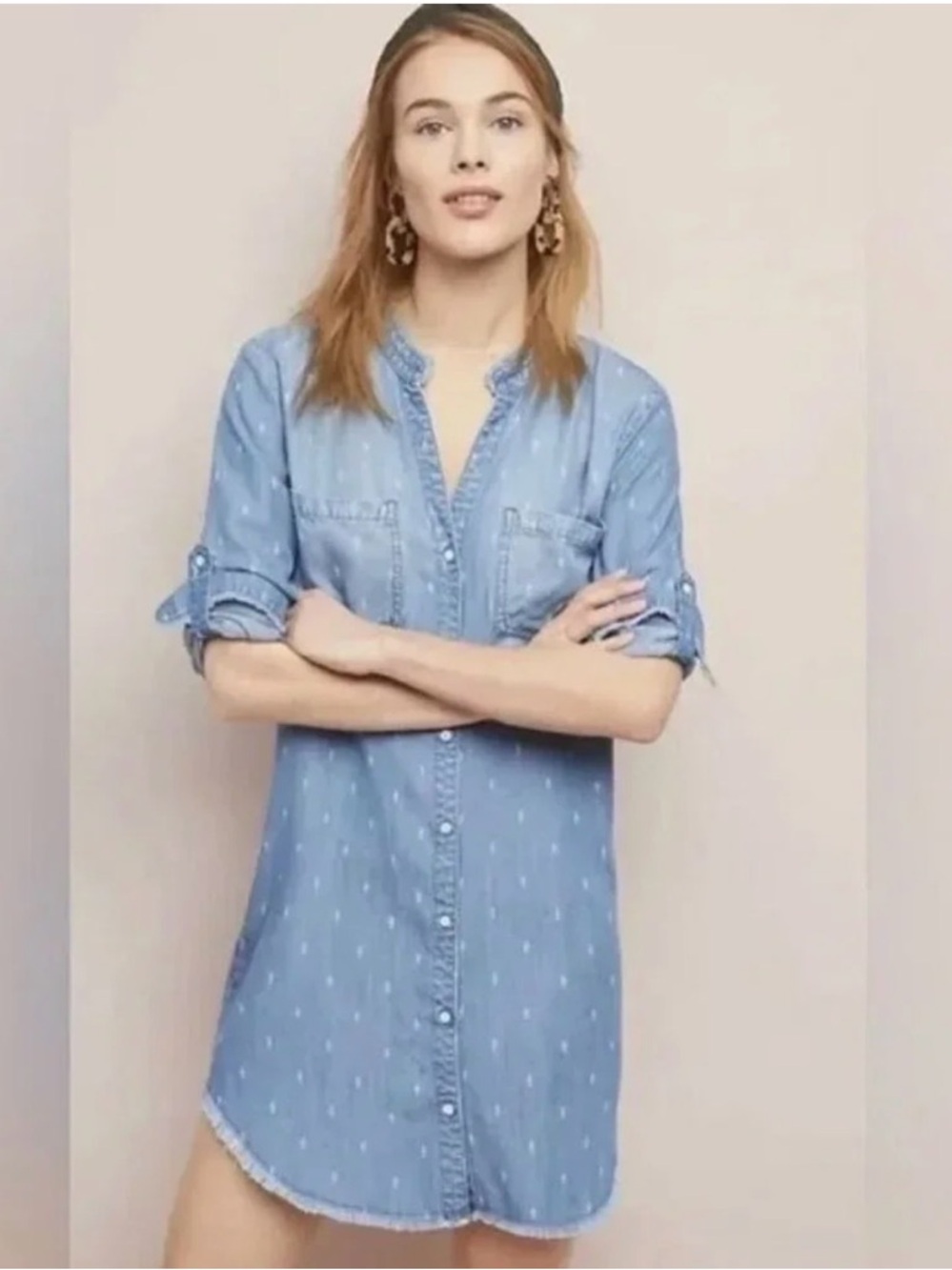 ANTHROPOLOGIE Thread & Supply Long-Sleeve Frayed-Hem Chambray Shirt Dress